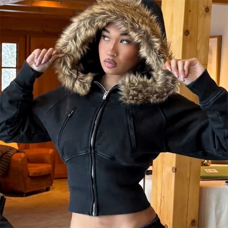 Y2K Winter Clothing - سترة مقصوصة بغطاء للرأس من الفرو